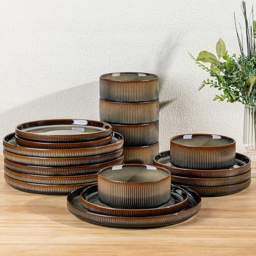 TheTerra Ceramic Dinnerware Sets for 6, 18 Pieces Porcelain Lightweight Speckled Plates and Bowls Sets, Scratch Resistant Dish Set, Oven & Microwave & Dishwasher Safe, Coca Mocha - Image 1