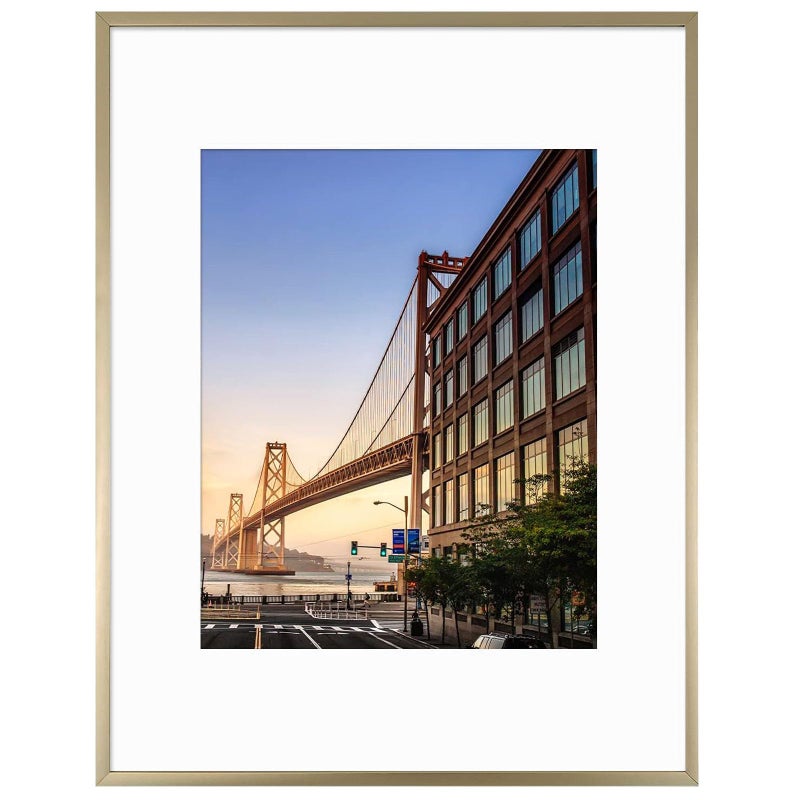 Frametory, 11x14 Aluminum Picture Frame - 11 x 14 Gold Frame with Removable Mat for 8 x 10 Photo - 14 by 11 Durable Metal Frame with Real Glass - Sawtooth Hanger for Easy Wall Display - 1 Pack - Image 1