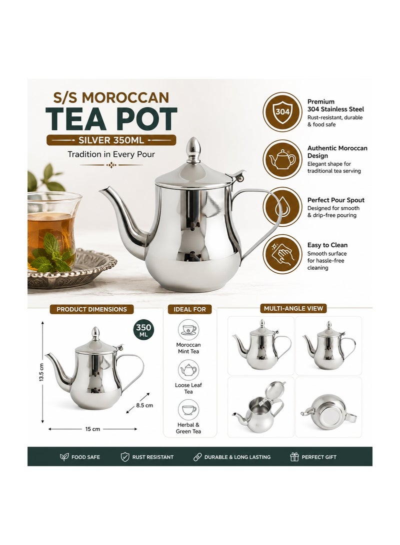 Bisbell 350ml Moroccan Stainless Steel Teapot with Hinged Lid, Long Pouring Spout and Ergonomic Handle, 304 Steel Tea Pot for Mint, Loose Leaf, Herbal & Green Tea - Image 3