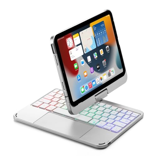 NUWONAYA Rotatable Keyboard Case for iPad Mini 7(A17 Pro)/Mini6, 360 Rotating Stand Smart Cover with Pencil Holder, Multi-Touch Trackpad Backlit Keyboard for Mini 7th/6th Generation, Silver - Image 1