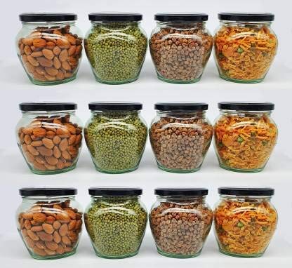 AVMPHD AVMPHD Glass Jar with Air Tight Black Lid for Kitchen Dried Masala Storage JarHoney JarJar and ContainerSpice Masala JarPot Glass MatkaVisible Glass Jar Pack of 12 350ml  - Image 1