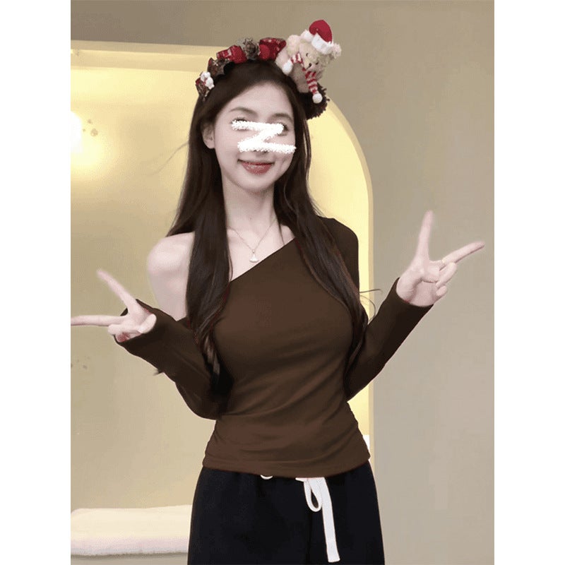 American Style Spice Girl Long-Sleeved T-Shirt Women'S Ins Asymmetric Slim-Fit Slimming Shoulder-Exposed Early Autumn Thin Top Trendy Brand - Image 4