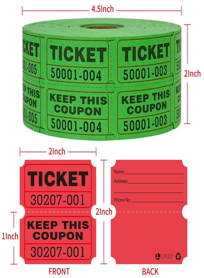 L LIKED 2000 Raffle Tickets Double Rolls 50/50 Stub Tickets with Consecutive Numbers 1000 Pairs per Roll,2 Rolls-Green,Red - Image 2