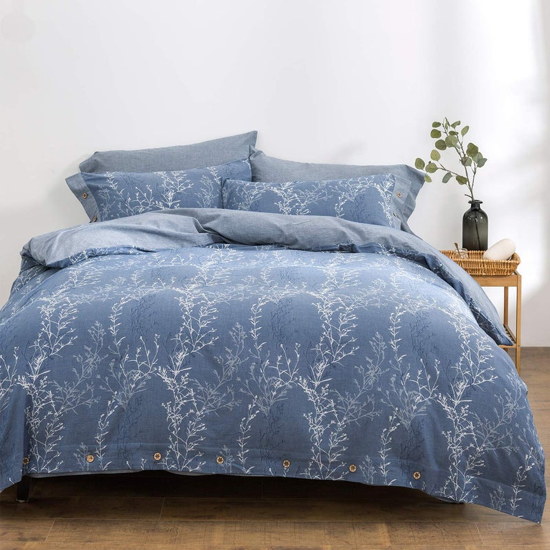 OREISE Duvet Cover Set Full/Queen Size Washed Cotton Yarn, Jacquard Blue and White Thin Branch Pattern Floral Style 3Piece Bedding Set - Image 2