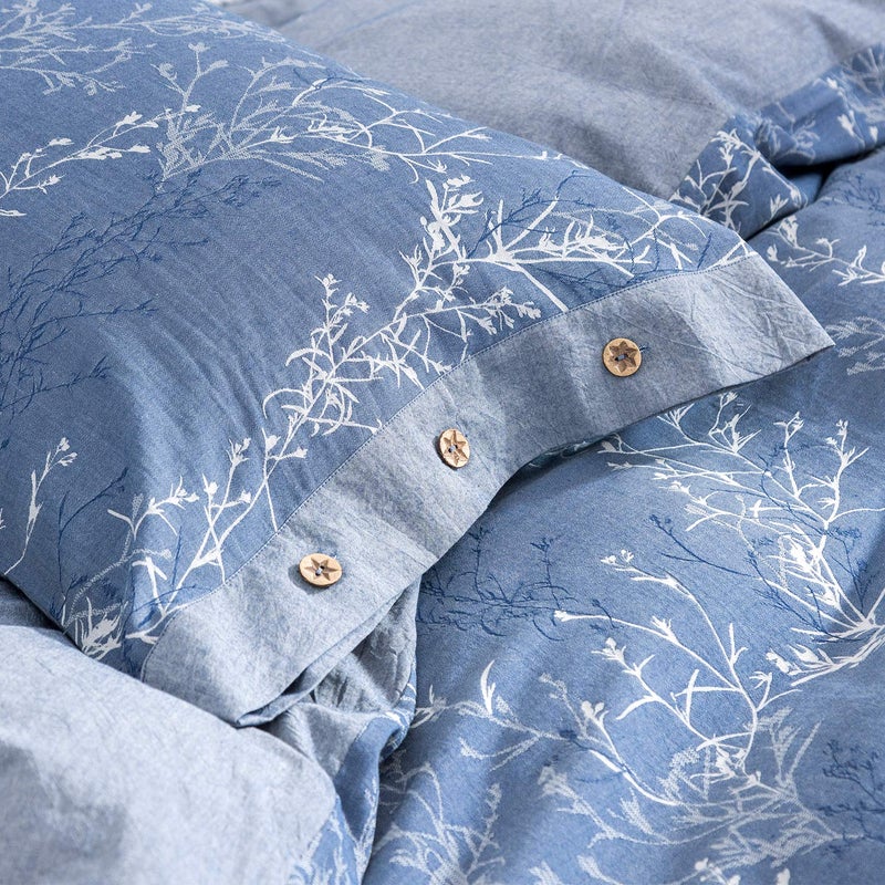 OREISE Duvet Cover Set Full/Queen Size Washed Cotton Yarn, Jacquard Blue and White Thin Branch Pattern Floral Style 3Piece Bedding Set - Image 5