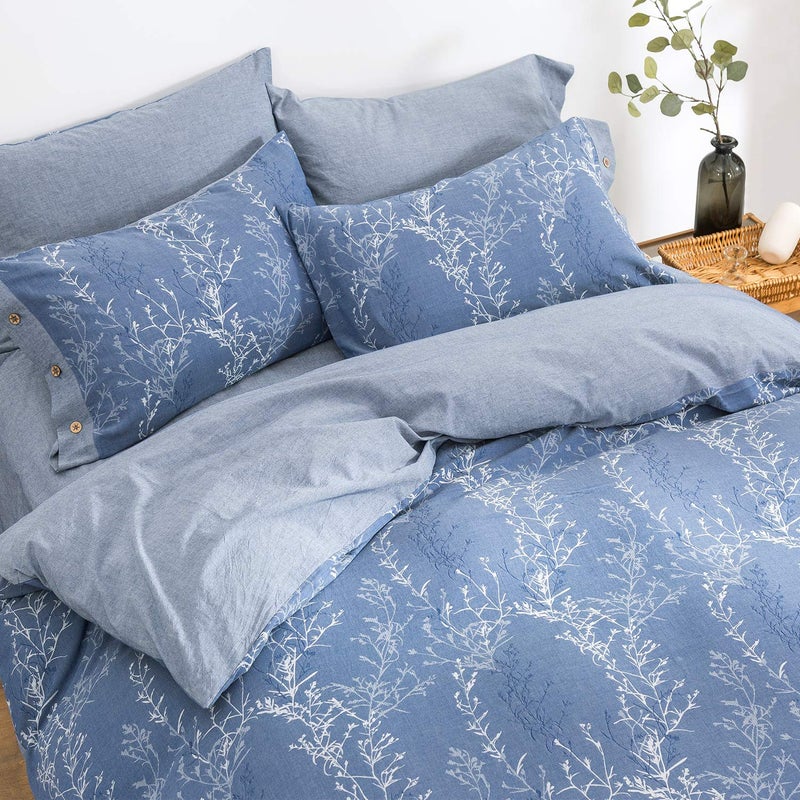 OREISE Duvet Cover Set Full/Queen Size Washed Cotton Yarn, Jacquard Blue and White Thin Branch Pattern Floral Style 3Piece Bedding Set - Image 3