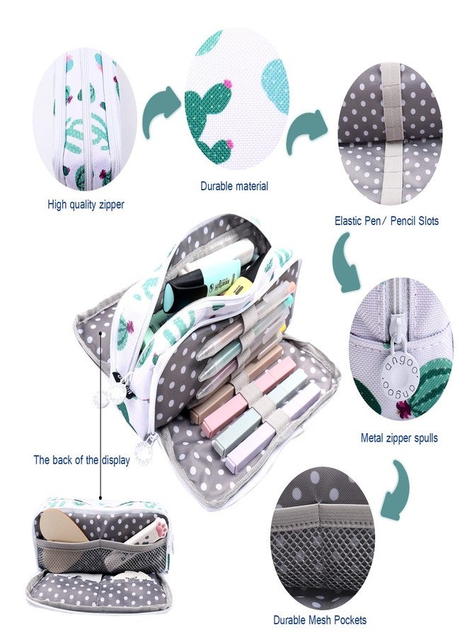 MAMUNU Big Capacity Pencil Pen Case, 3 Compartments Large Storage Canvas Pencil Pouch with Zipper, Green Cactus Design Aesthetic Pencil Pouch For Office School - Image 2