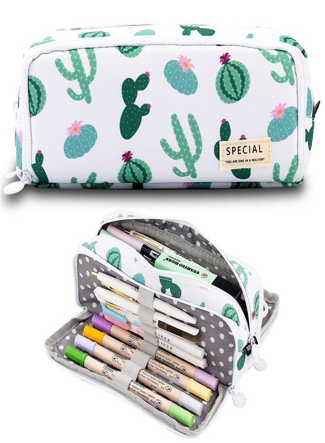 MAMUNU Big Capacity Pencil Pen Case, 3 Compartments Large Storage Canvas Pencil Pouch with Zipper, Green Cactus Design Aesthetic Pencil Pouch For Office School - Image 1