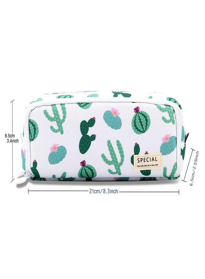 MAMUNU Big Capacity Pencil Pen Case, 3 Compartments Large Storage Canvas Pencil Pouch with Zipper, Green Cactus Design Aesthetic Pencil Pouch For Office School - Image 3