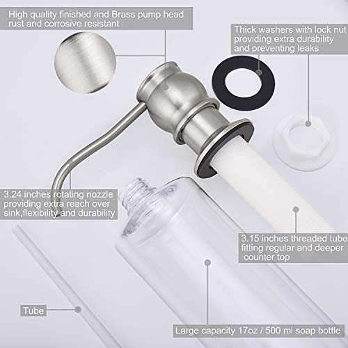 Samodra Kitchen Sink Soap/Lotion Dispenser, Brass Pump Head Brushed Nickel 12 OZ Bottle Built in Design Refill from The Top for Granite Thick Deck Installs - Image 3
