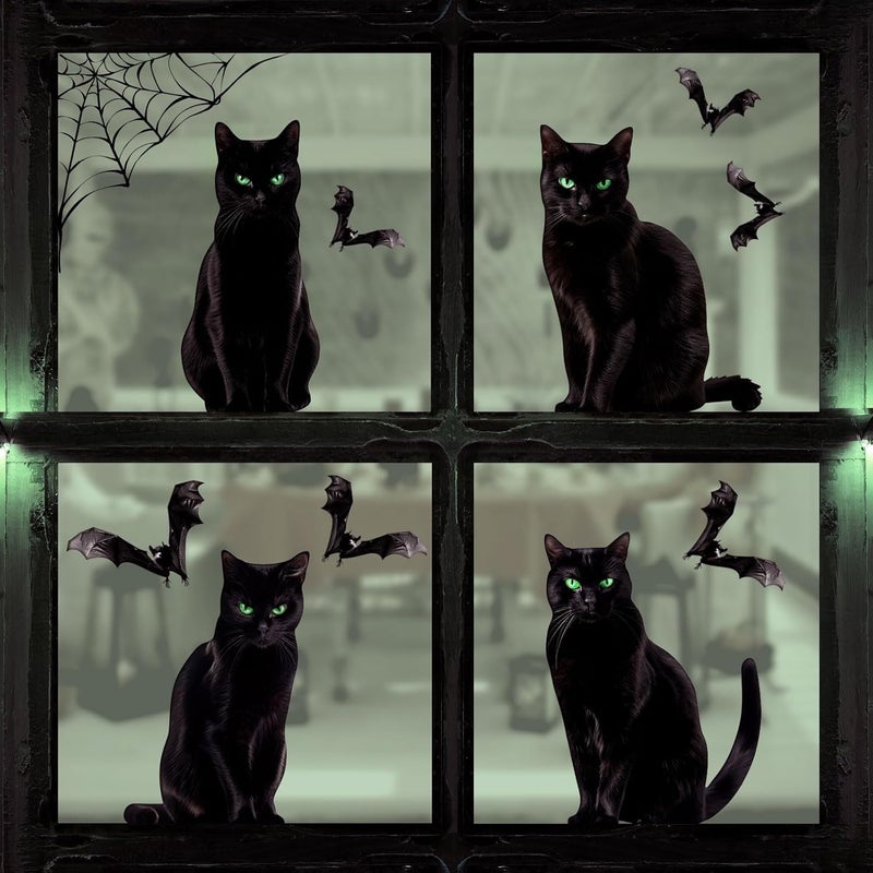 ChicAbode Halloween Decorations Window Clings: 4 Large Realistic Black Cats Halloween Window Stickers Spiderweb Bats Silhouette Window Decals Indoor School Home Office Party Decor for Glass Windows, 6 Sheets - Image 1