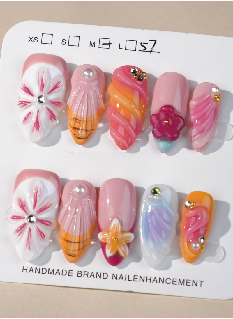 SC Nails Colorful Floral 3D Press-On Nails – Handcrafted Gradient and Flower Design with Rhinestone Accents  - Image 1