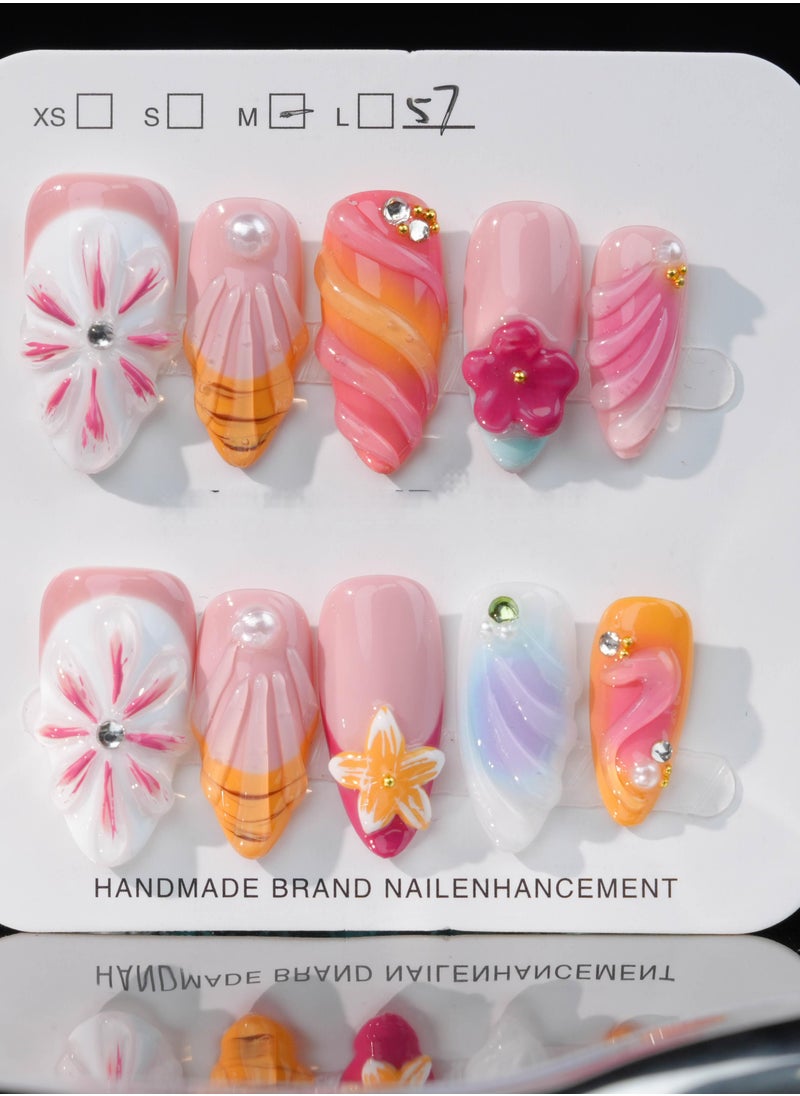 SC Nails Colorful Floral 3D Press-On Nails – Handcrafted Gradient and Flower Design with Rhinestone Accents  - Image 2