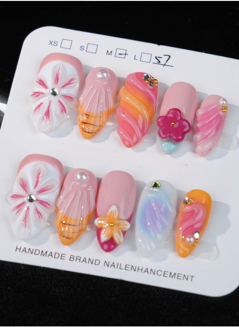 SC Nails Colorful Floral 3D Press-On Nails – Handcrafted Gradient and Flower Design with Rhinestone Accents  - Image 3