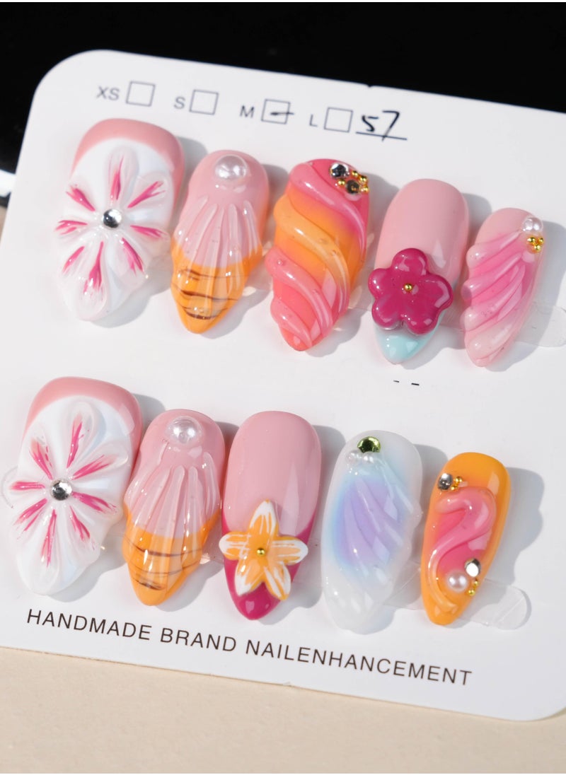 SC Nails Colorful Floral 3D Press-On Nails – Handcrafted Gradient and Flower Design with Rhinestone Accents  - Image 4