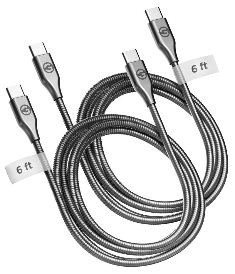 GALVANOX Pet Proof USB-C to USB-C Charger Cables (2 Pack) - 6 Foot Braided Metal Ultra Durable Type C Charging Cords (Gunmetal) - Image 1