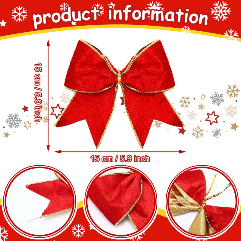 Panelee 12 Pcs Red Velvet Christmas Bows 6 x 6 in Wreath Bow Christmas Tree Decorations Ornaments for Hanukkah Xmas Tree Topper Wreath Garland Party Gift Wrapping DIY Decor - Image 2