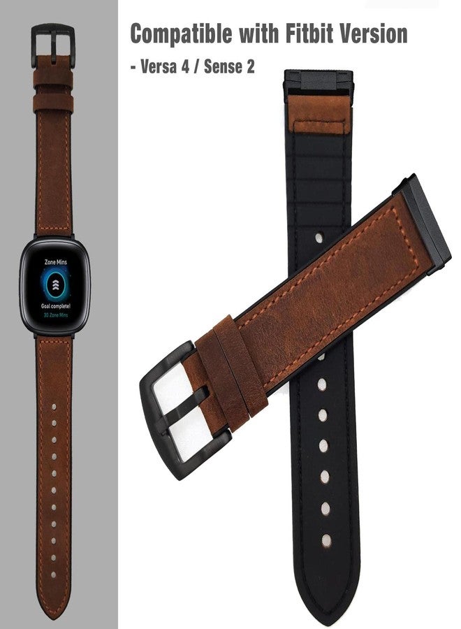 Abanen for Fitbit Versa 4/Sense 2 Watch Bands,Genuine Leather Silicone Hybrid Men Wristband Strap with Stainless Steel Clasp for Fitbit Sense 2 (Brown) - Image 3
