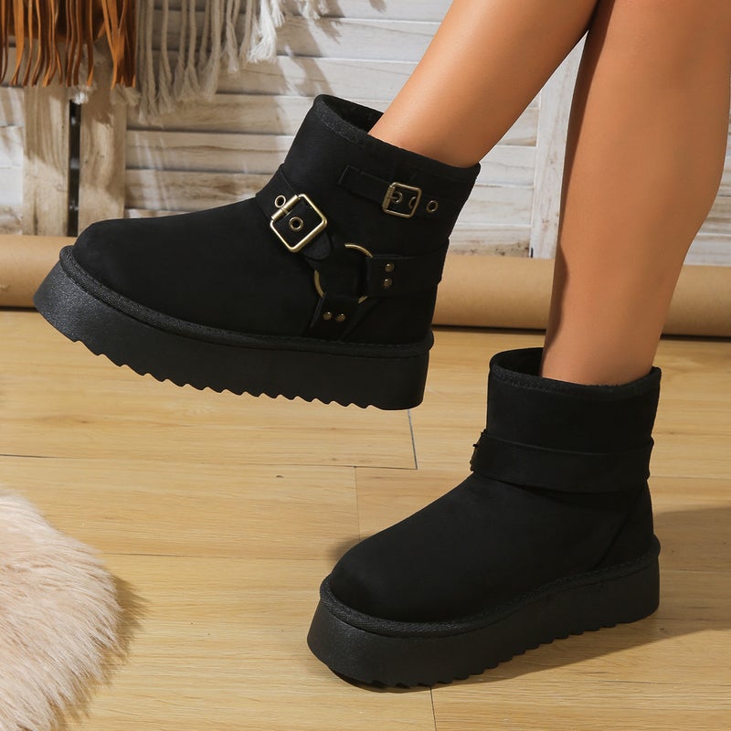 Women's Warm Faux Suede Pull-On Platform Boots with Faux Fur Lining and Buckle - Image 1