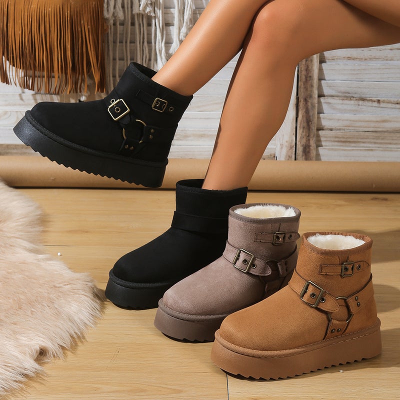 Women's Warm Faux Suede Pull-On Platform Boots with Faux Fur Lining and Buckle - Image 2