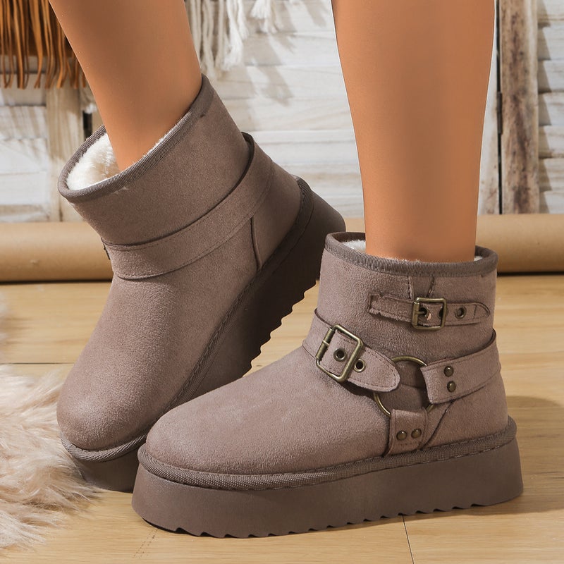 Women's Warm Faux Suede Pull-On Platform Boots with Faux Fur Lining and Buckle - Image 5