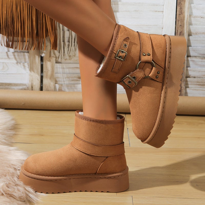 Women's Warm Faux Suede Pull-On Platform Boots with Faux Fur Lining and Buckle - Image 4