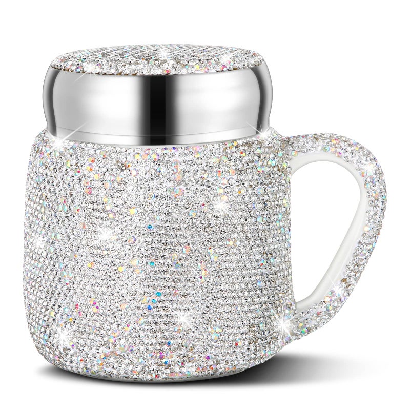 Meanplan Bling Rhinestone Coffee Mug for Christmas Gift Bling Water Bottle Rhinestone Ceramic Portable Travel Cup Crystal Coffee Cup with Lid and Handle for Women Office Home 135 oz White