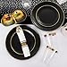 KIRE 350 PCS Plastic Dinnerware Set for 50 Guests Black and Gold Plates 50 for Dinner 50 for Dessert 50 Pre Rolled Napkins with Disposable Silverware 50 Cups for New YearBanquetWedding - Image 4