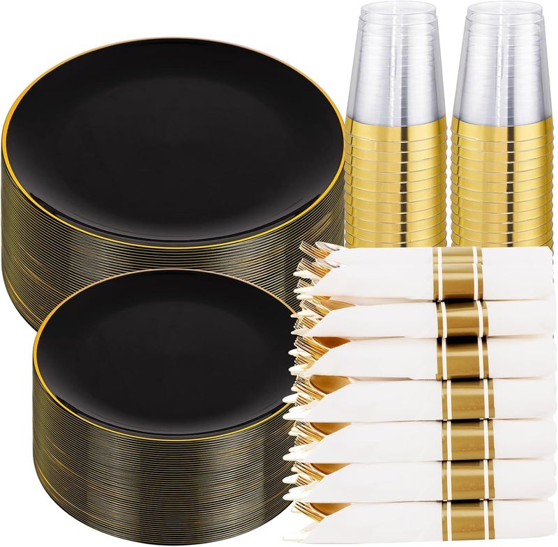KIRE 350 PCS Plastic Dinnerware Set for 50 Guests Black and Gold Plates 50 for Dinner 50 for Dessert 50 Pre Rolled Napkins with Disposable Silverware 50 Cups for New YearBanquetWedding - Image 3