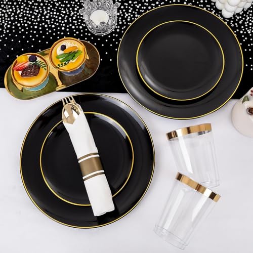 KIRE 350 PCS Plastic Dinnerware Set for 50 Guests Black and Gold Plates 50 for Dinner 50 for Dessert 50 Pre Rolled Napkins with Disposable Silverware 50 Cups for New YearBanquetWedding - Image 5