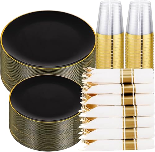 KIRE 350 PCS Plastic Dinnerware Set for 50 Guests Black and Gold Plates 50 for Dinner 50 for Dessert 50 Pre Rolled Napkins with Disposable Silverware 50 Cups for New YearBanquetWedding - Image 2