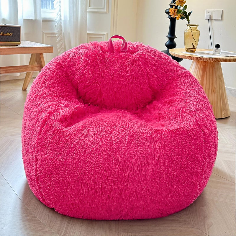XeGe Fluffy Stuffed Animal Storage Bean Bag Chair CoverNo Filler Faux Fur Washable Soft Bean Bag Cover for Plush Toys or Textile Plush Shaggy Large Bean Bag for Adults Kids Teens Hot Pink