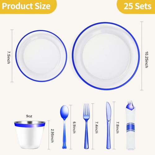Goodluck 175 Piece Dark Blue Plastic Dinnerware Set for Party, Clear Disposable Plates for 25 Guests, Include: 25 Dinner Plates, 25 Dessert Plates, 25 Pre Rolled Napkins with Cutlery Set, 25 Cups - Image 4