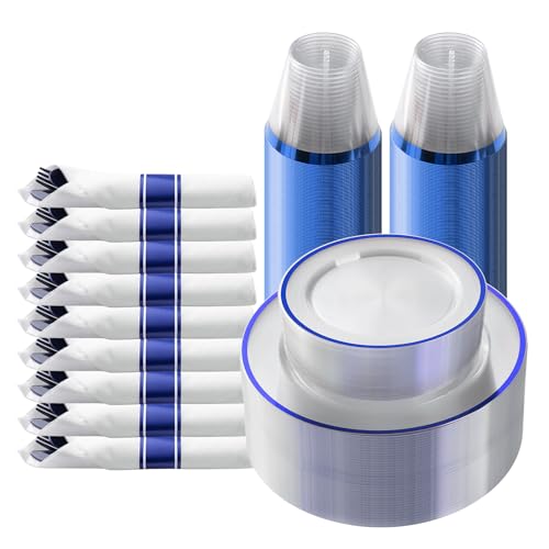 Goodluck 175 Piece Dark Blue Plastic Dinnerware Set for Party, Clear Disposable Plates for 25 Guests, Include: 25 Dinner Plates, 25 Dessert Plates, 25 Pre Rolled Napkins with Cutlery Set, 25 Cups - Image 1