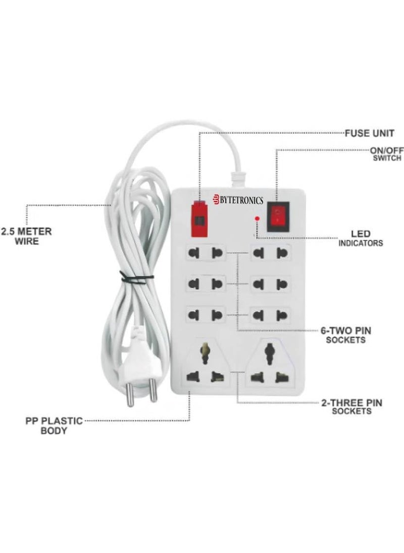 BYTETRONICS BYTETRONICS Extension BoardSurge Protector 81 Switch and sockets Fuse and Indicator with 4 Yard Cord White 5 amp 1  - Image 2