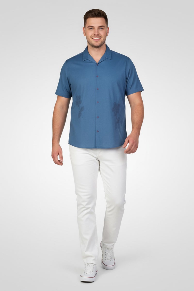 Threadbare Men Regular Fit Short Sleeve Embroidered Casual Shirt, Denim - Image 1