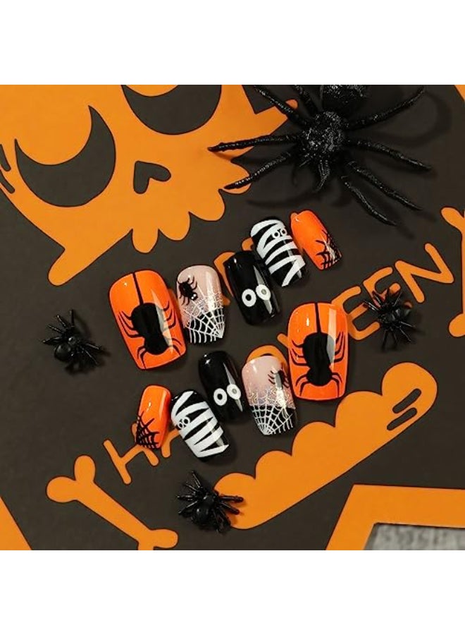 Vezocim Halloween Press on Nails Medium Coffin Shape 24Pcs Artificial Full Cover Glossy Fake Nails for Day of the Dead Glue on Nails with Spider Designs Holiday Acrylic Fingernails False Nails for Women - Image 3