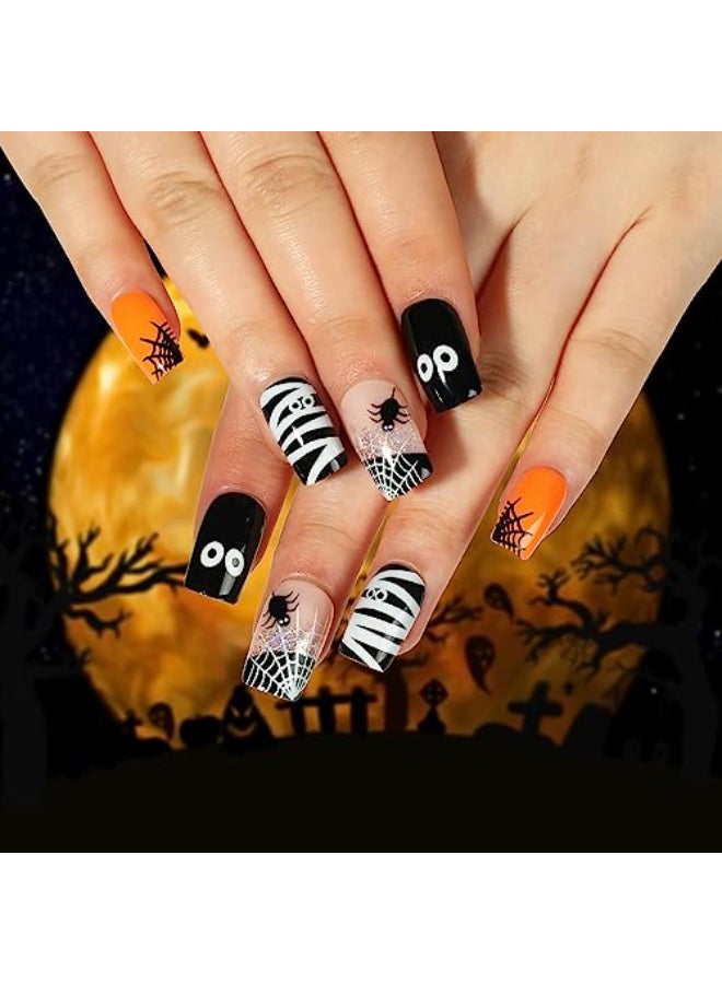 Vezocim Halloween Press on Nails Medium Coffin Shape 24Pcs Artificial Full Cover Glossy Fake Nails for Day of the Dead Glue on Nails with Spider Designs Holiday Acrylic Fingernails False Nails for Women - Image 1
