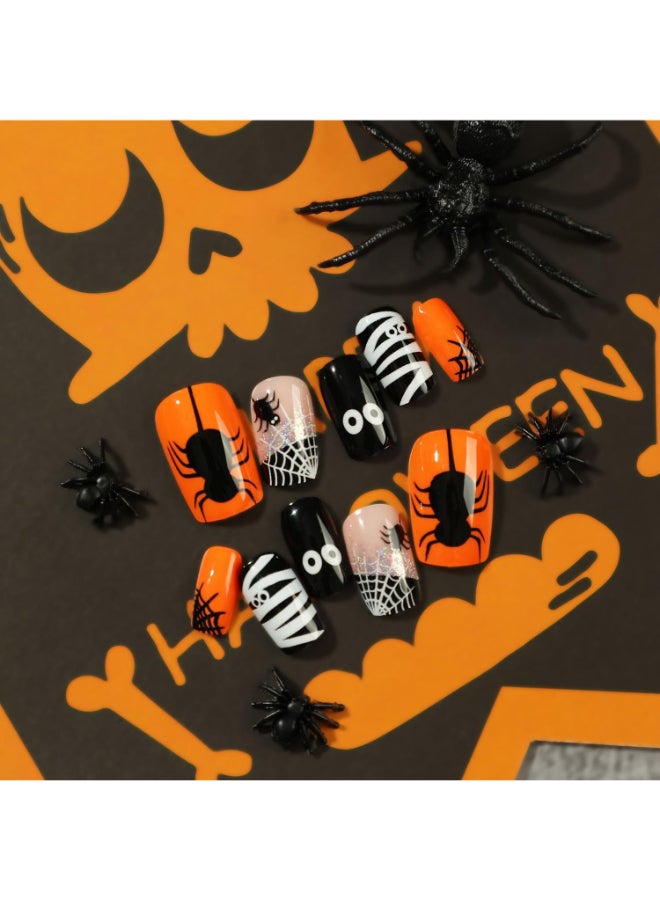 Vezocim Halloween Press on Nails Medium Coffin Shape 24Pcs Artificial Full Cover Glossy Fake Nails for Day of the Dead Glue on Nails with Spider Designs Holiday Acrylic Fingernails False Nails for Women - Image 4