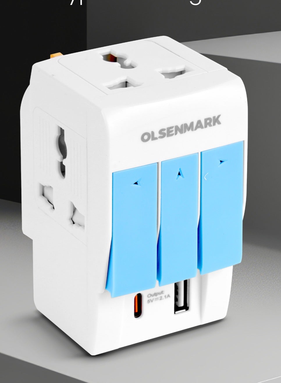 Olsenmark 3-Way Multi Adaptor- OMES1890, Global Compatibility, 3-Way Socket, USB and Type-C Charging Ports, Compact and Portable Design
