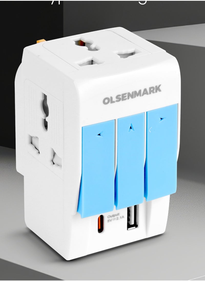 Olsenmark Olsenmark 3-Way Multi Adaptor- OMES1890, Global Compatibility, 3-Way Socket, USB and Type-C Charging Ports, Compact and Portable Design  - Image 1