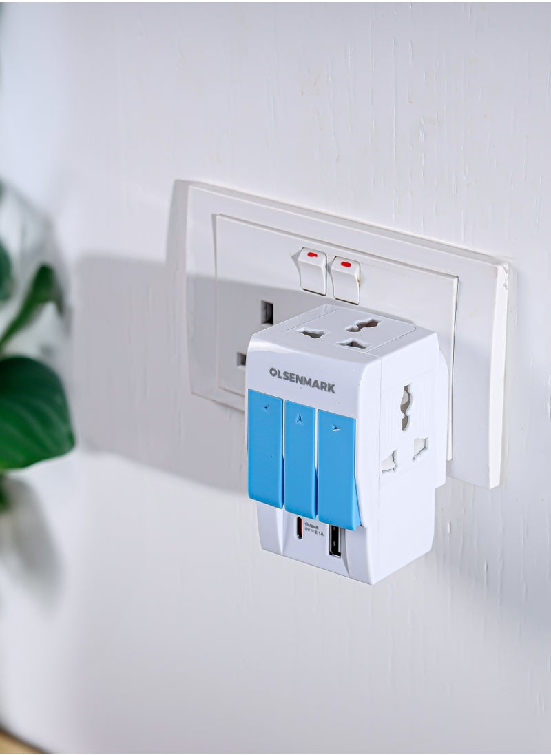 Olsenmark Olsenmark 3-Way Multi Adaptor- OMES1890, Global Compatibility, 3-Way Socket, USB and Type-C Charging Ports, Compact and Portable Design  - Image 2