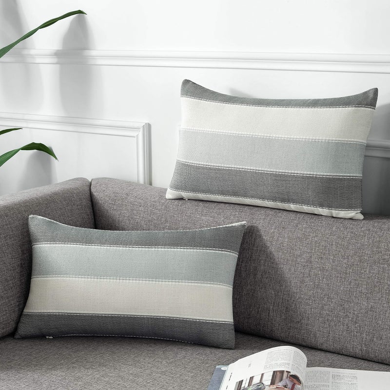 AmHoo Pack of 2 Farmhouse Stripe Check Throw Pillow Covers Set Case Cotton Linen Decorative Pillowcases Cushion Cover for Couch Bench Sofa 12x20Inch Dark Grey Beige