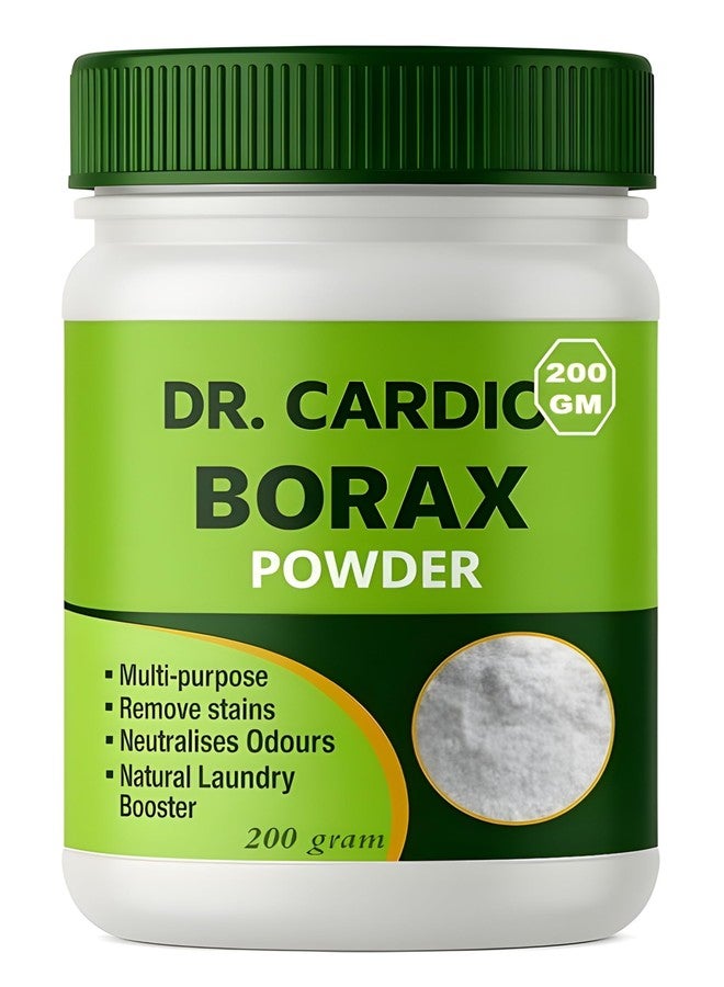 Dr Cardio مسحوق البوراكس الطبيعي متعدد الأغراض من دكتور كارديو، 200 غرام، علبة بلاستيكية، للتنظيف، الغسيل، مكافحة الآفات، والحلول المنزلية التي يمكنك صنعها بنفسك (200 غرام) - Image 1