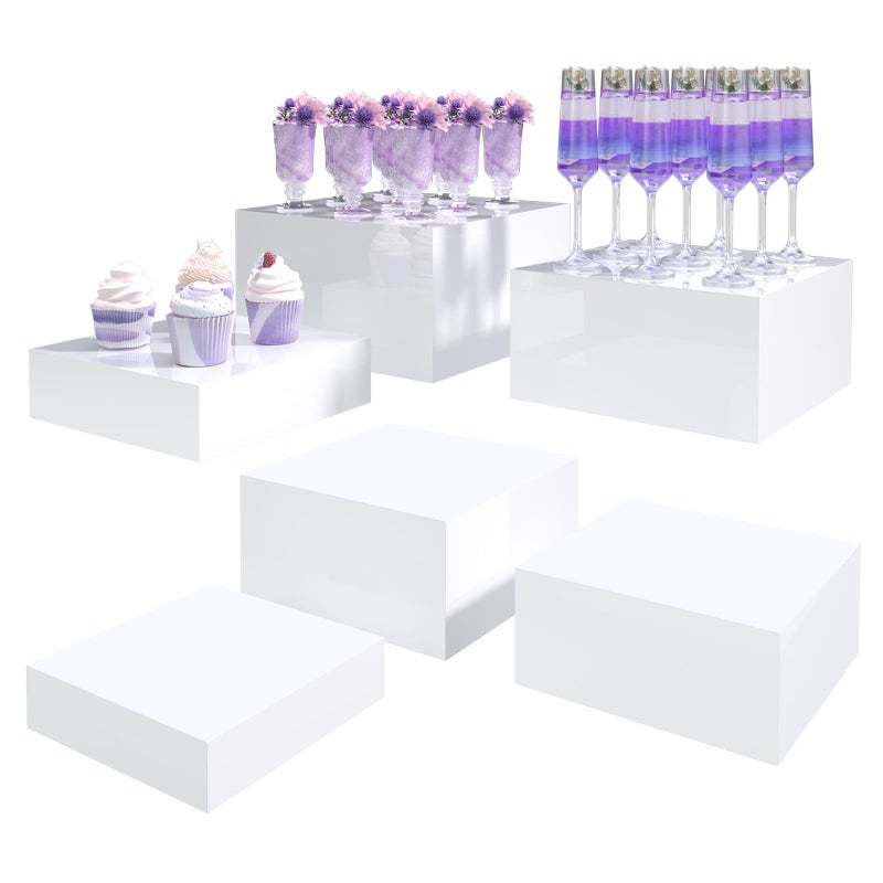 PITBVO Buffet Risers, Food Display Risers for Party, Glossy White Acrylic Risers Display Stand for Buffet Table, Catering Displays for Dessert, Cube Box Nesting Riser with Hollow Bottoms (8"x9"x10" 6PCS) - Image 1
