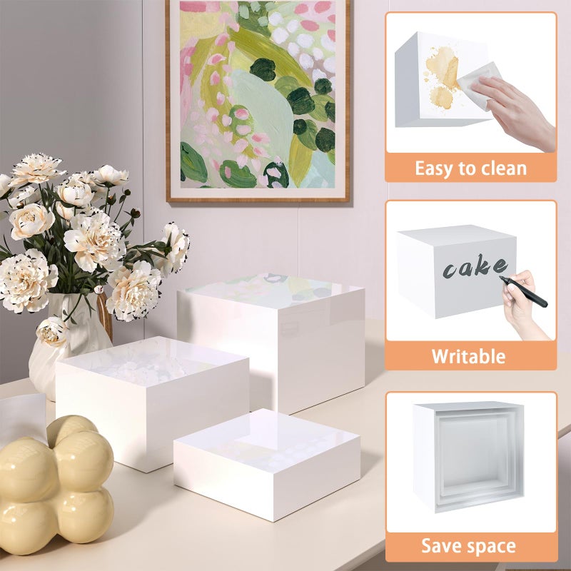 PITBVO Buffet Risers, Food Display Risers for Party, Glossy White Acrylic Risers Display Stand for Buffet Table, Catering Displays for Dessert, Cube Box Nesting Riser with Hollow Bottoms (8"x9"x10" 6PCS) - Image 3
