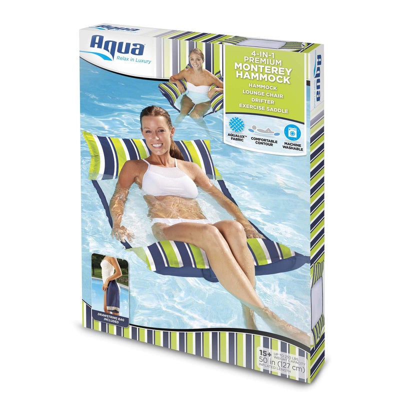 Aqua 4-in-1 Deluxe Monterey, Resort-Quality Pool Float and Water Hammock,Multi-Purpose, Inflatable Pool Floats for Adults with Thick, Durable Material, Navy/Green Stripe - Image 2