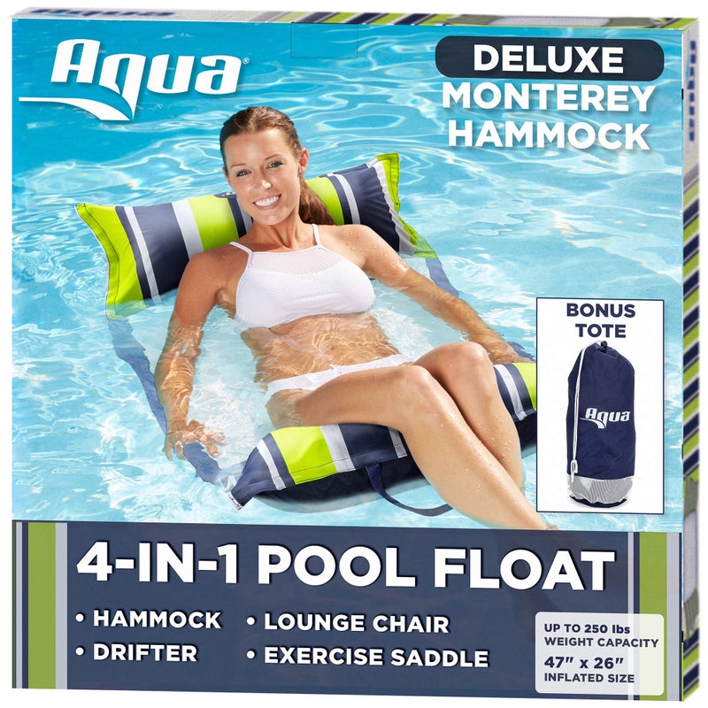 Aqua 4-in-1 Deluxe Monterey, Resort-Quality Pool Float and Water Hammock,Multi-Purpose, Inflatable Pool Floats for Adults with Thick, Durable Material, Navy/Green Stripe - Image 1