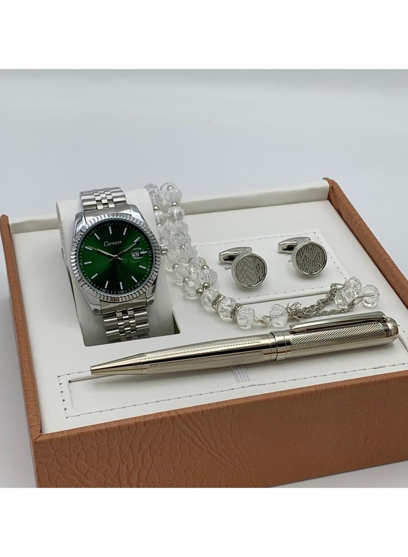 Men's set from  consisting of fuor pieces: a watch, a pen, cufflinks, and a rosary.