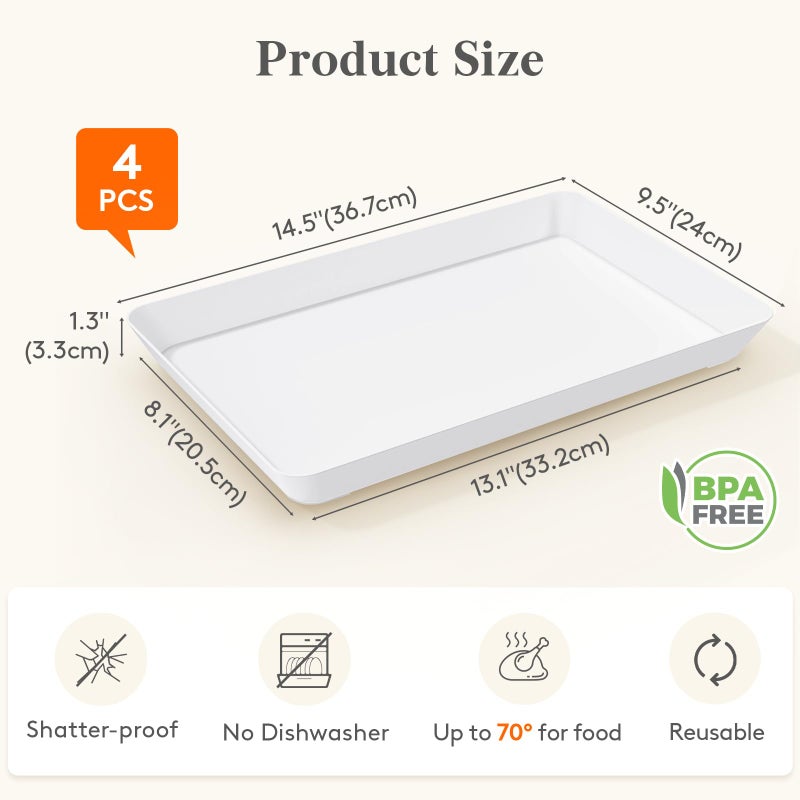Lifewit Serving Tray for Party Supplies, Reusable Serving Platter for Catering, Snack, Fruit, Charcuterie, Appetizer, Plastic Food Trays, Hosting Essentials, BPA Free, White, 4 Pcs, Large(15" x 10") - Image 2